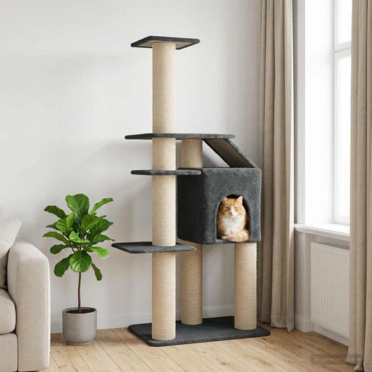 Kočičí strom se škrabacími sloupky 110 × 84 × 183 cm, tmavě šedý